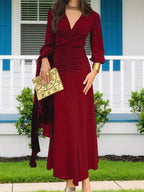 Vestido elegante de manga comprida com decote em V e ruchado para mulheres - Verde oliva, ajuste fluido com detalhe de botão, perfeito para saídas casuais, coquetéis e férias, roupa de saída casual | Vestido com decote em V | Detalhe ruchado, vestidos fofos