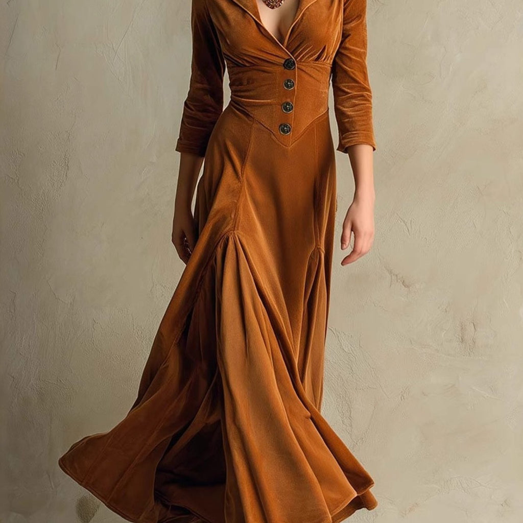 Elegant Maxi Dress with Lapel Collar & A-Line Skirt