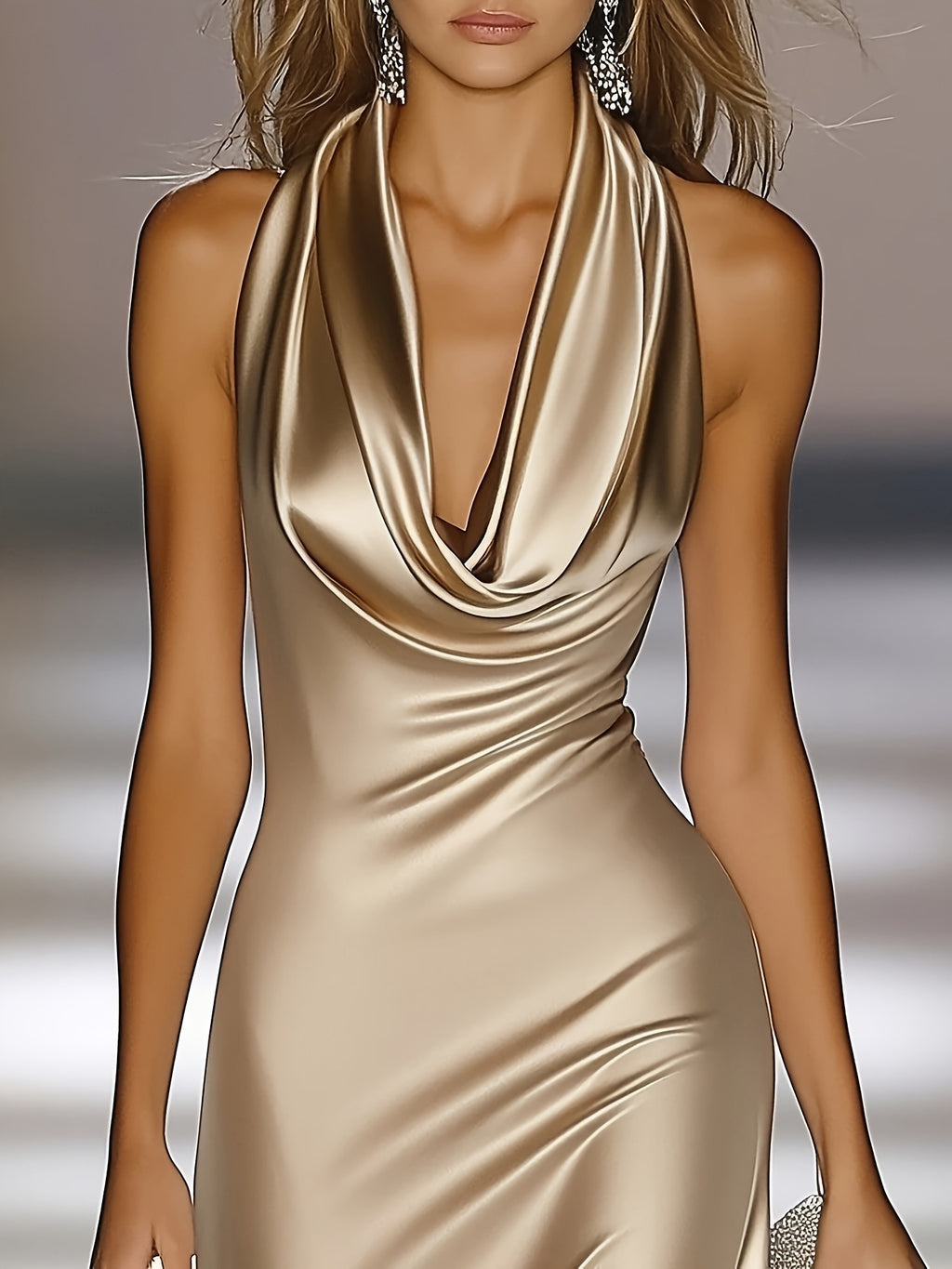 Vestido de Noite Elegante Sem Costas para Mulheres - Champagne - Festa Formal Casamento - Vestido Mermaid Justo - Lavável à Máquina Luxuoso - Para Gala e Baile - Traje Formal Adulto Feminino