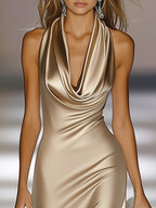 Vestido de Noite Elegante Sem Costas para Mulheres - Champagne - Festa Formal Casamento - Vestido Mermaid Justo - Lavável à Máquina Luxuoso - Para Gala e Baile - Traje Formal Adulto Feminino