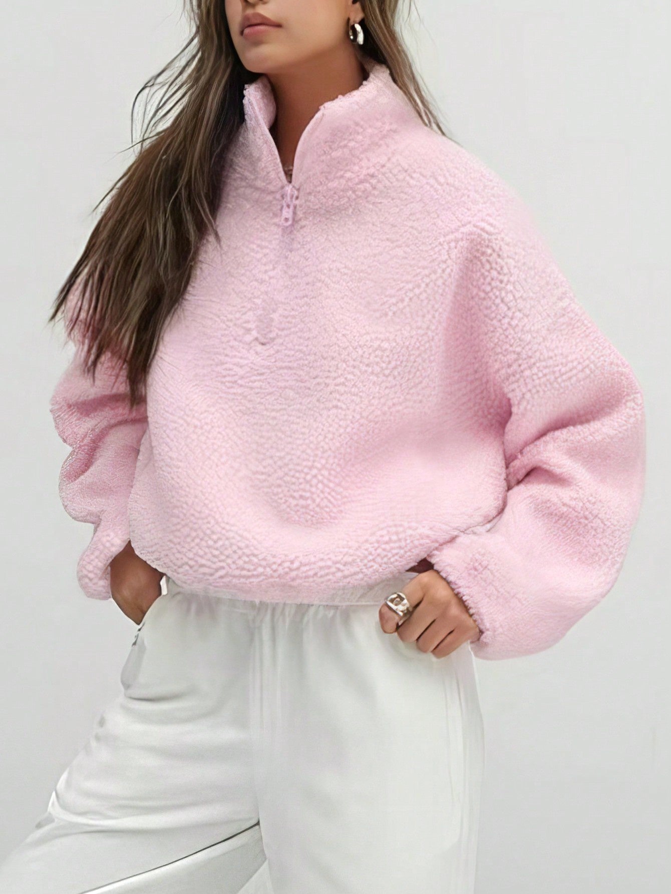Casaco de Malha Oversized para Mulheres - Suéter Macio e Aconchegante em Rosa com Zíper Completo, Gola Alta Lavável à Mão Casual Outerwear Para Camadas no Inverno (Rosa/Branco Preto-Marinho)