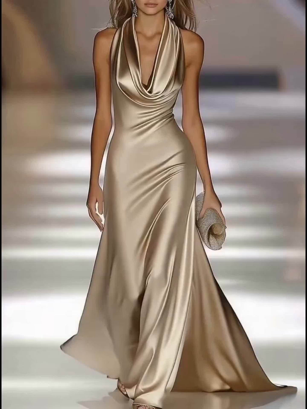 Vestido de Noite Elegante Sem Costas para Mulheres - Champagne - Festa Formal Casamento - Vestido Mermaid Justo - Lavável à Máquina Luxuoso - Para Gala e Baile - Traje Formal Adulto Feminino