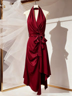 Vestido de Noite Elegante Feminino em Borgonha com Gola Halter e Sem Mangas - Modelo Sereia - Comprimento A-Line - Vestido de Festa Formal com Cauda, Lavável à Máquina para Formatura, Gala, Eventos