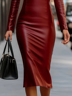 Vestido elegante de PU comprido para mulher - Vestido formal e casual com decote em V profundo e mangas compridas para festa, escritório, uso diário - Ajuste slim sem enchimento, fecho de correr chic nas costas, para primavera/outono/inverno - Vestido de noite elegante para mulher