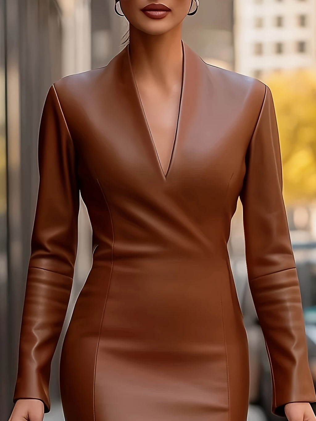 Vestido elegante de PU comprido para mulher - Vestido formal e casual com decote em V profundo e mangas compridas para festa, escritório, uso diário - Ajuste slim sem enchimento, fecho de correr chic nas costas, para primavera/outono/inverno - Vestido de noite elegante para mulher