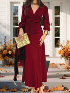 Vestido elegante de manga comprida com decote em V e ruchado para mulheres - Verde oliva, ajuste fluido com detalhe de botão, perfeito para saídas casuais, coquetéis e férias, roupa de saída casual | Vestido com decote em V | Detalhe ruchado, vestidos fofos