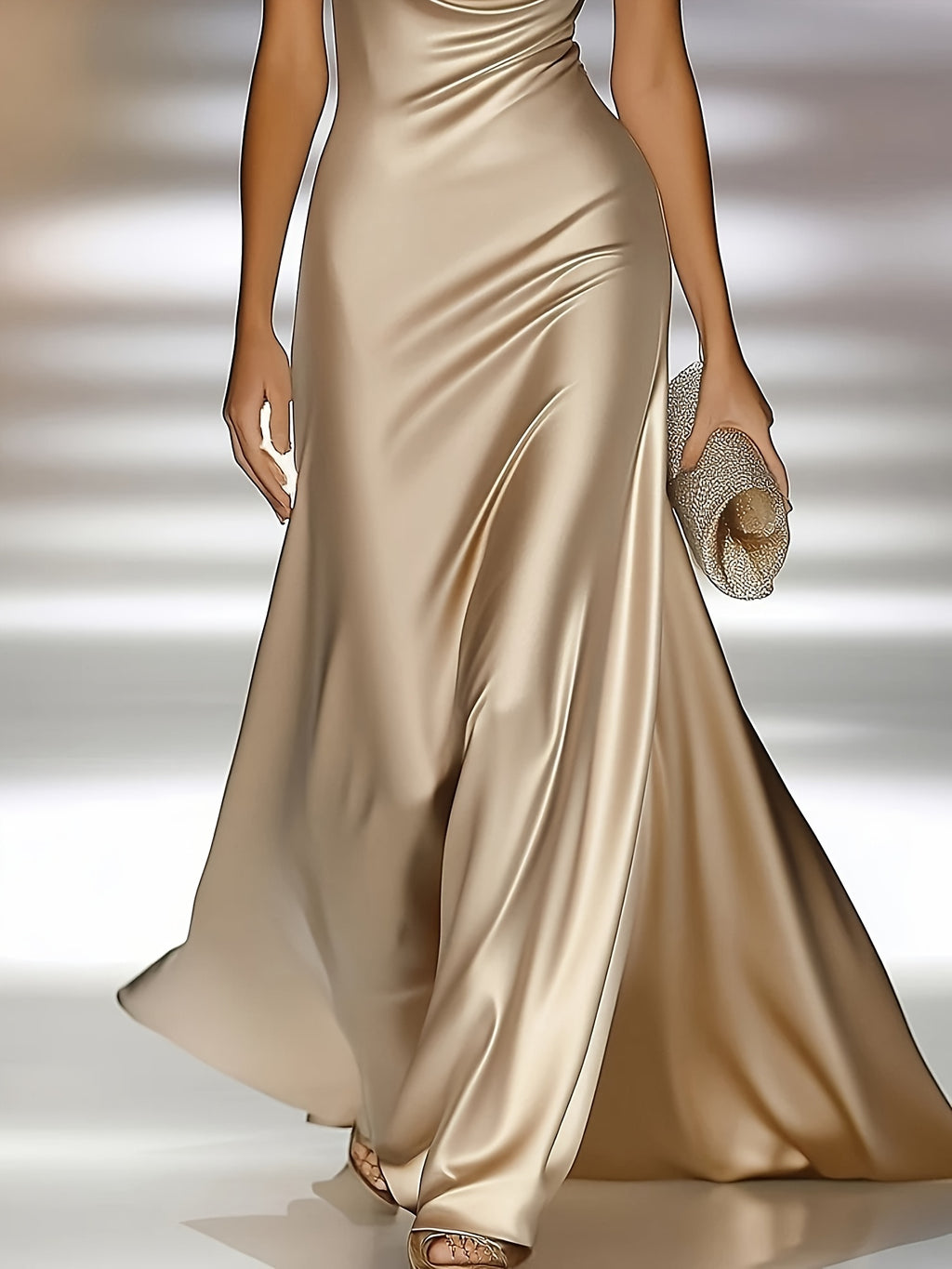 Vestido de Noite Elegante Sem Costas para Mulheres - Champagne - Festa Formal Casamento - Vestido Mermaid Justo - Lavável à Máquina Luxuoso - Para Gala e Baile - Traje Formal Adulto Feminino