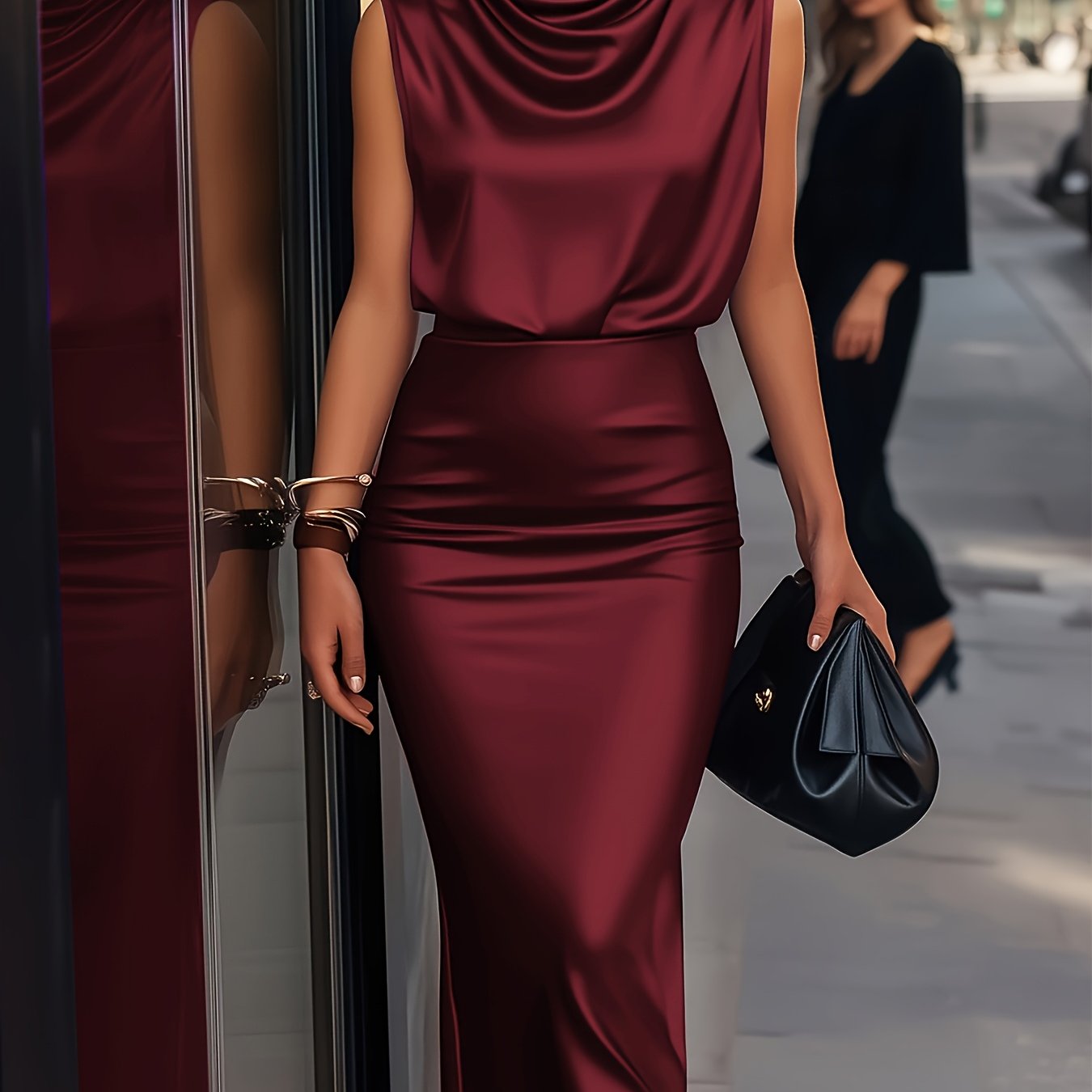 Satin Elegance: Sleeveless Top & Slim Fit Skirt Set