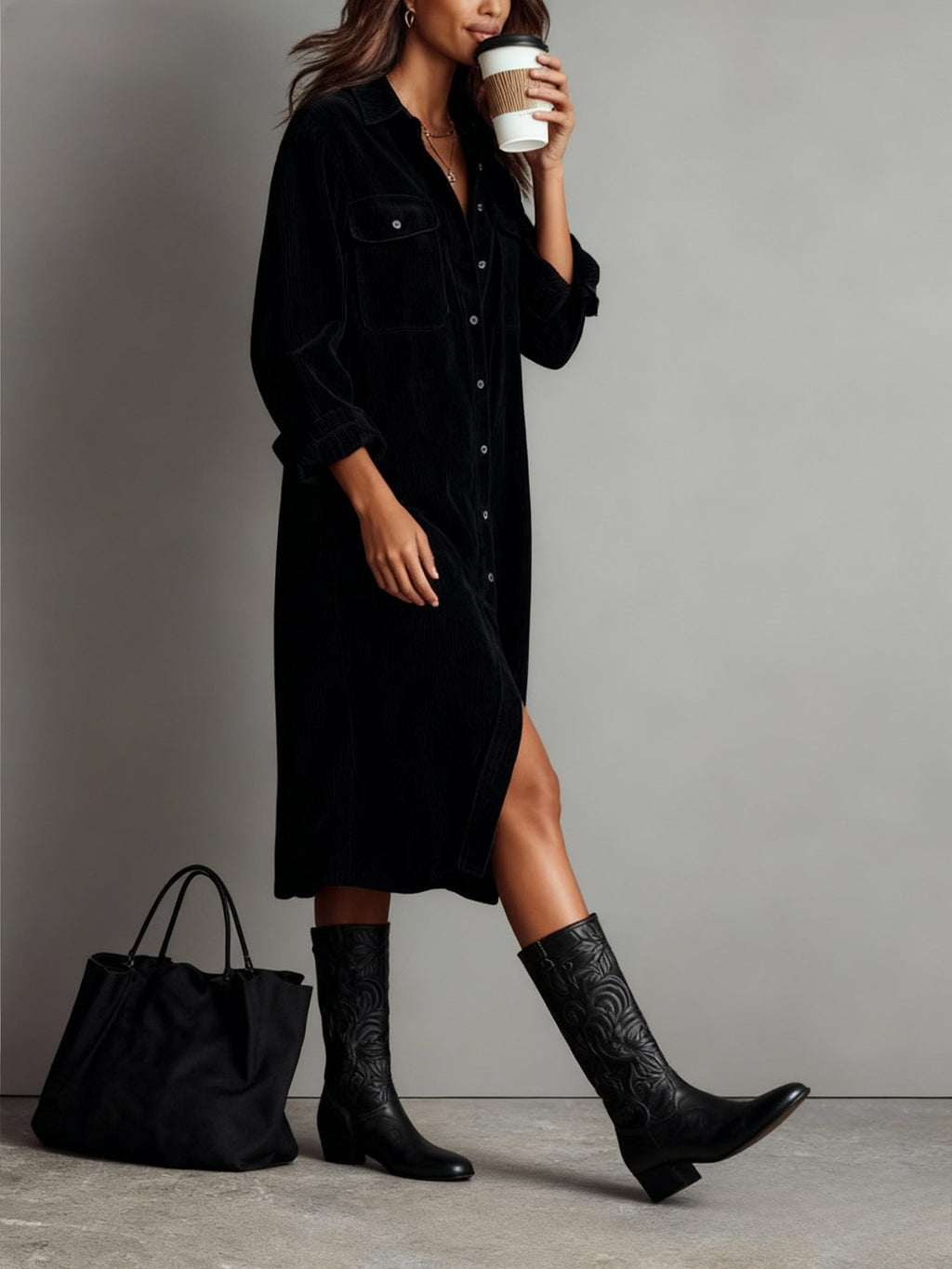 Vestido Camisa Elegante Feminino com Gola e Botões - Manga Longa Solta e de Cor Sólida com Lapela para Escritório, Deslocamento e Looks de Outono/Inverno (Lavável na Máquina, Ideal para Eventos Formais ou Casuais)