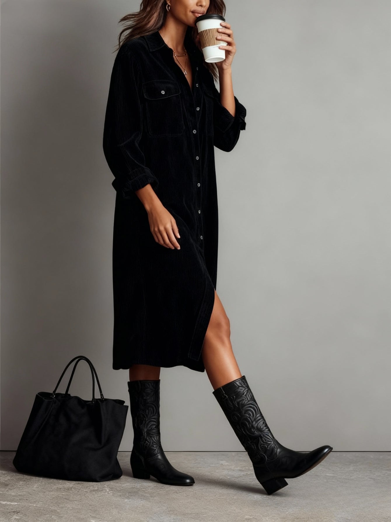 Vestido Camisa Elegante Feminino com Gola e Botões - Manga Longa Solta e de Cor Sólida com Lapela para Escritório, Deslocamento e Looks de Outono/Inverno (Lavável na Máquina, Ideal para Eventos Formais ou Casuais)