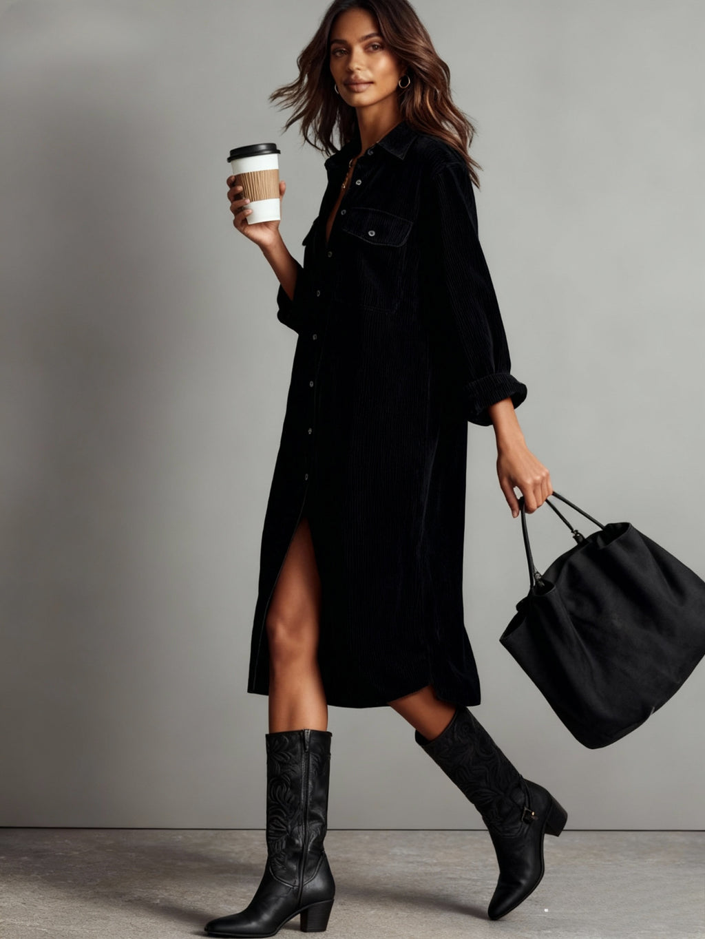 Vestido Camisa Elegante Feminino com Gola e Botões - Manga Longa Solta e de Cor Sólida com Lapela para Escritório, Deslocamento e Looks de Outono/Inverno (Lavável na Máquina, Ideal para Eventos Formais ou Casuais)