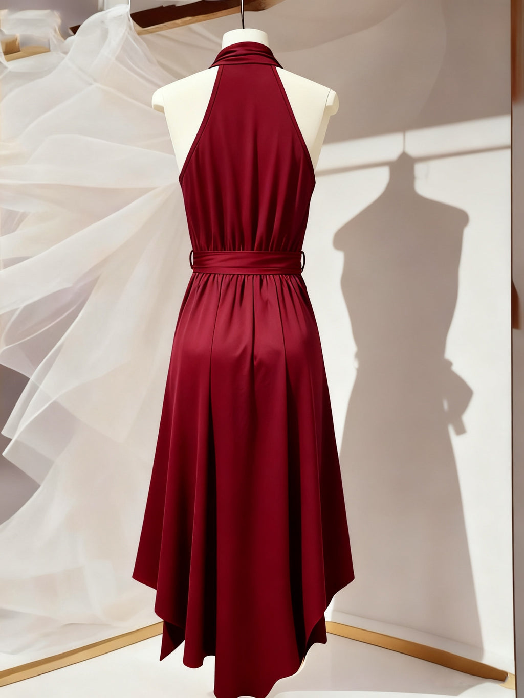 Vestido de Noite Elegante Feminino em Borgonha com Gola Halter e Sem Mangas - Modelo Sereia - Comprimento A-Line - Vestido de Festa Formal com Cauda, Lavável à Máquina para Formatura, Gala, Eventos