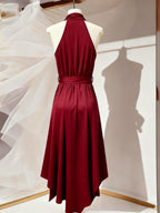 Vestido de Noite Elegante Feminino em Borgonha com Gola Halter e Sem Mangas - Modelo Sereia - Comprimento A-Line - Vestido de Festa Formal com Cauda, Lavável à Máquina para Formatura, Gala, Eventos