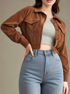 Casaco Elegante de Bombazine Castanho para Mulher com Gola de Virar e Frente com Botões - Casaco Leve de Primavera/Outono, Corte Estruturado para Looks Casuais e Formais - Camada Versátil, Roupa Exterior de Primavera, Design Clássico, Costura de Qualidade, Roupa Exterior Elegante