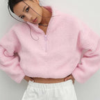 Soft Pink Oversized Knit Sweater with Full Zipper