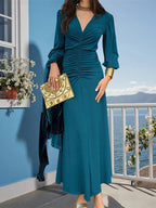 Vestido elegante de manga comprida com decote em V e ruchado para mulheres - Verde oliva, ajuste fluido com detalhe de botão, perfeito para saídas casuais, coquetéis e férias, roupa de saída casual | Vestido com decote em V | Detalhe ruchado, vestidos fofos