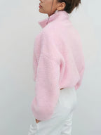 Casaco de Malha Oversized para Mulheres - Suéter Macio e Aconchegante em Rosa com Zíper Completo, Gola Alta Lavável à Mão Casual Outerwear Para Camadas no Inverno (Rosa/Branco Preto-Marinho)