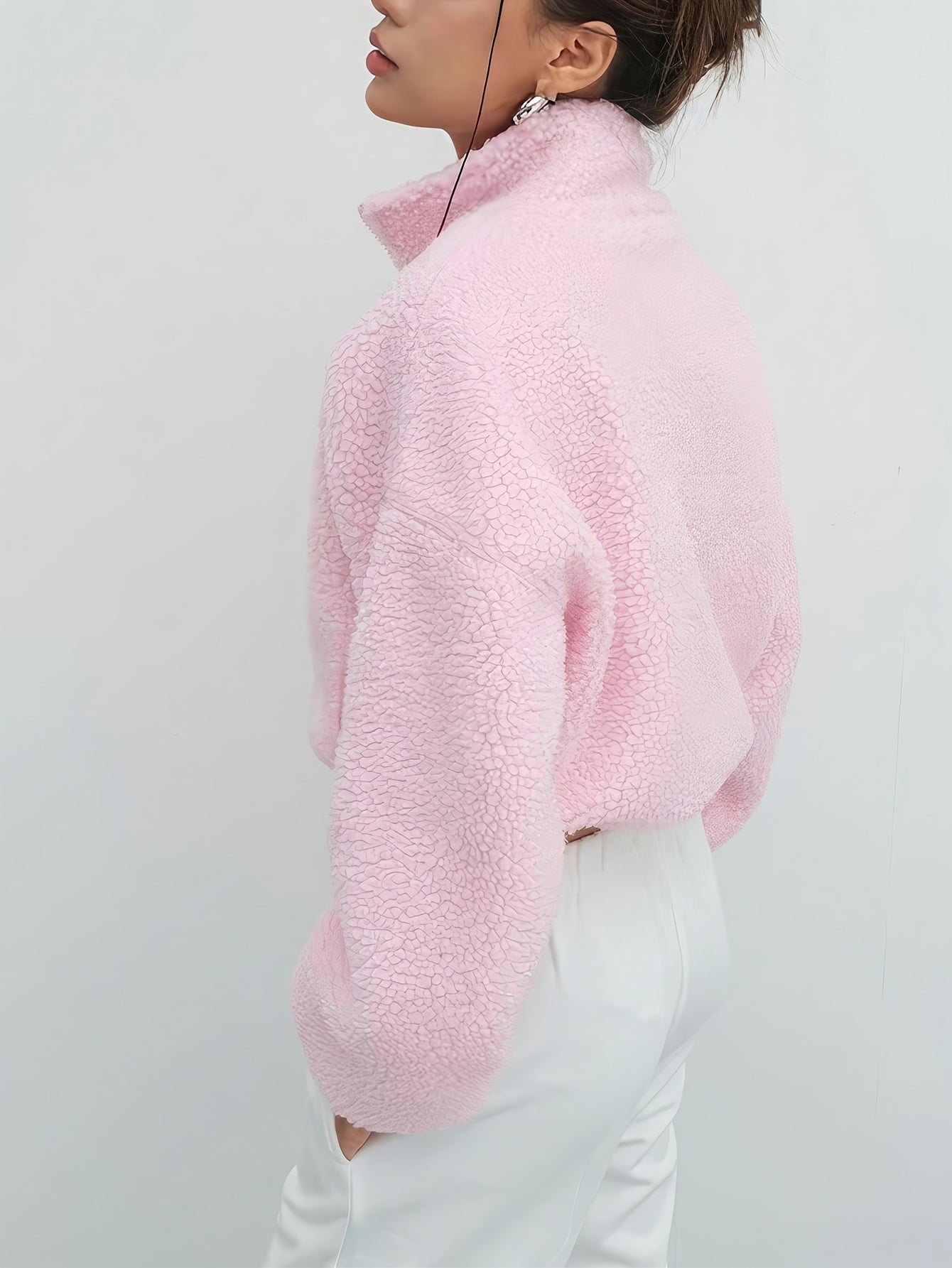 Casaco de Malha Oversized para Mulheres - Suéter Macio e Aconchegante em Rosa com Zíper Completo, Gola Alta Lavável à Mão Casual Outerwear Para Camadas no Inverno (Rosa/Branco Preto-Marinho)