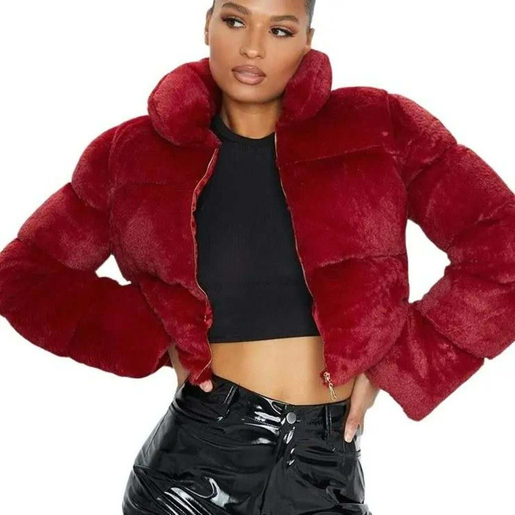 Chic Burgundy Faux Fur Cropped Puffer Jacket
