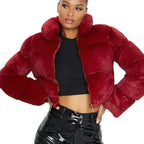 Chic Burgundy Faux Fur Cropped Puffer Jacket