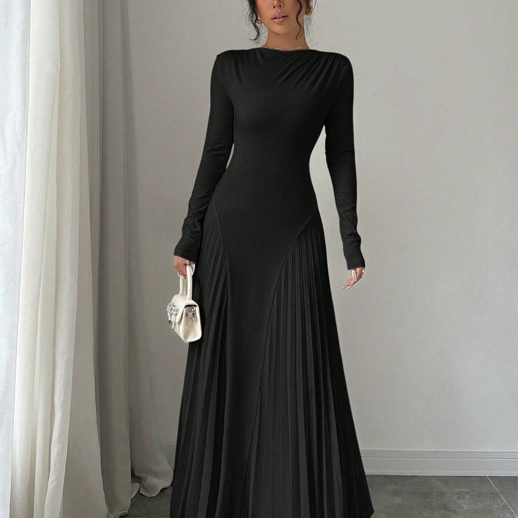 Elegant Pleated Maxi Dress with Belt - Perfect for Winter