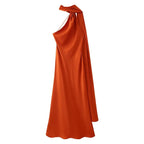 VEITCHE Elegant Women's Soft Silk Satin Long Dress Halter Backless Sleeveless Maxi Dresses Summer Lady Long Ribbon Party Gowns