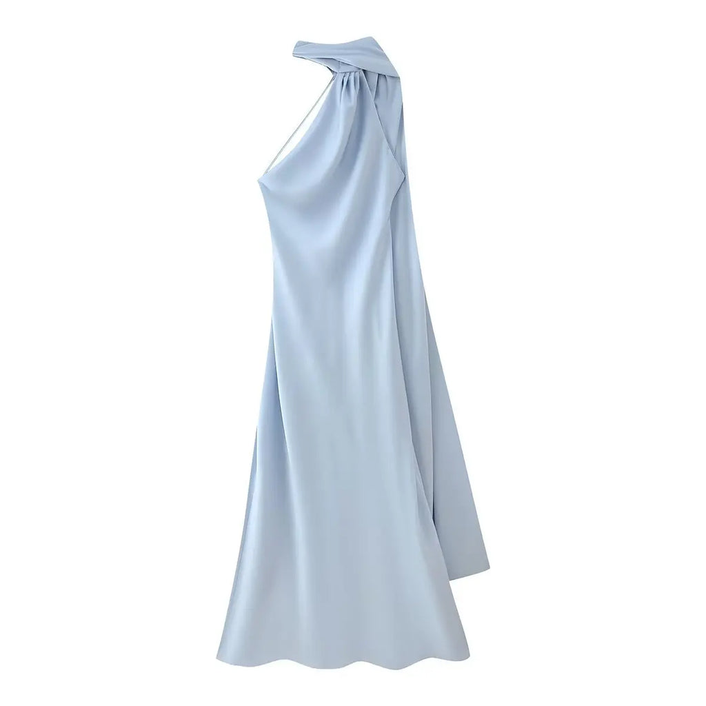 VEITCHE Elegant Women's Soft Silk Satin Long Dress Halter Backless Sleeveless Maxi Dresses Summer Lady Long Ribbon Party Gowns