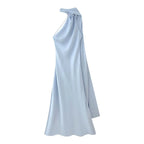 VEITCHE Elegant Women's Soft Silk Satin Long Dress Halter Backless Sleeveless Maxi Dresses Summer Lady Long Ribbon Party Gowns