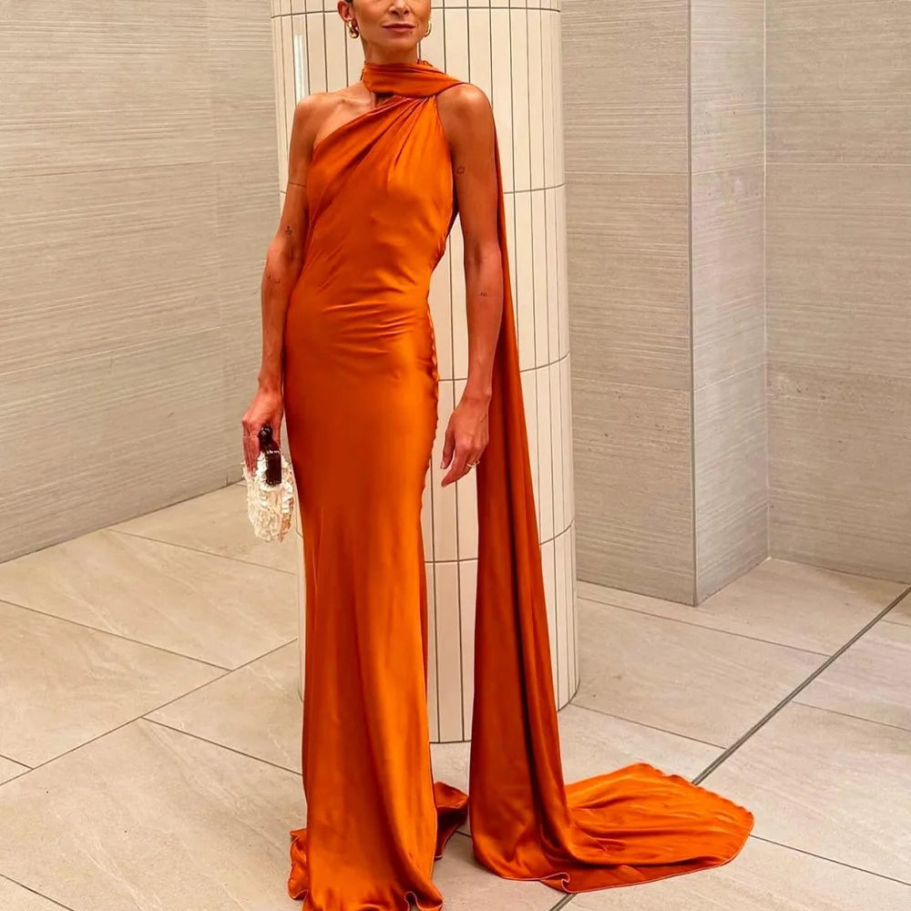 VEITCHE Elegant Women's Soft Silk Satin Long Dress Halter Backless Sleeveless Maxi Dresses Summer Lady Long Ribbon Party Gowns