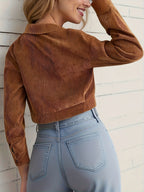 Casaco Elegante de Bombazine Castanho para Mulher com Gola de Virar e Frente com Botões - Casaco Leve de Primavera/Outono, Corte Estruturado para Looks Casuais e Formais - Camada Versátil, Roupa Exterior de Primavera, Design Clássico, Costura de Qualidade, Roupa Exterior Elegante