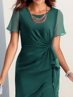 Vestido midi elegante bege para mulheres com bainha de folhos e mangas curtas - Decote redondo, cor sólida, perfeito para casamentos, festas e vestuário de escritório, primavera/verão/outono, vestuário de convidado para casamentos | Vestido com bainha de folhos | Tecido de poliéster