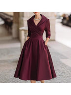 Vestido de Escritório Elegante com Cinto para Mulher - Corte Justo, Manga Comprida, Comprimento Midi, Roupa de Trabalho Formal com Laço de Cintura Ajustável, Gola Estructurada e Silhueta em A, Roupa Profissional Sólida para Reuniões de Negócios, Conferências e Eventos Semi-Formais
