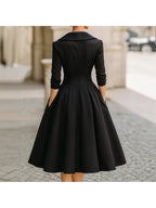 Vestido de Escritório Elegante com Cinto para Mulher - Corte Justo, Manga Comprida, Comprimento Midi, Roupa de Trabalho Formal com Laço de Cintura Ajustável, Gola Estructurada e Silhueta em A, Roupa Profissional Sólida para Reuniões de Negócios, Conferências e Eventos Semi-Formais