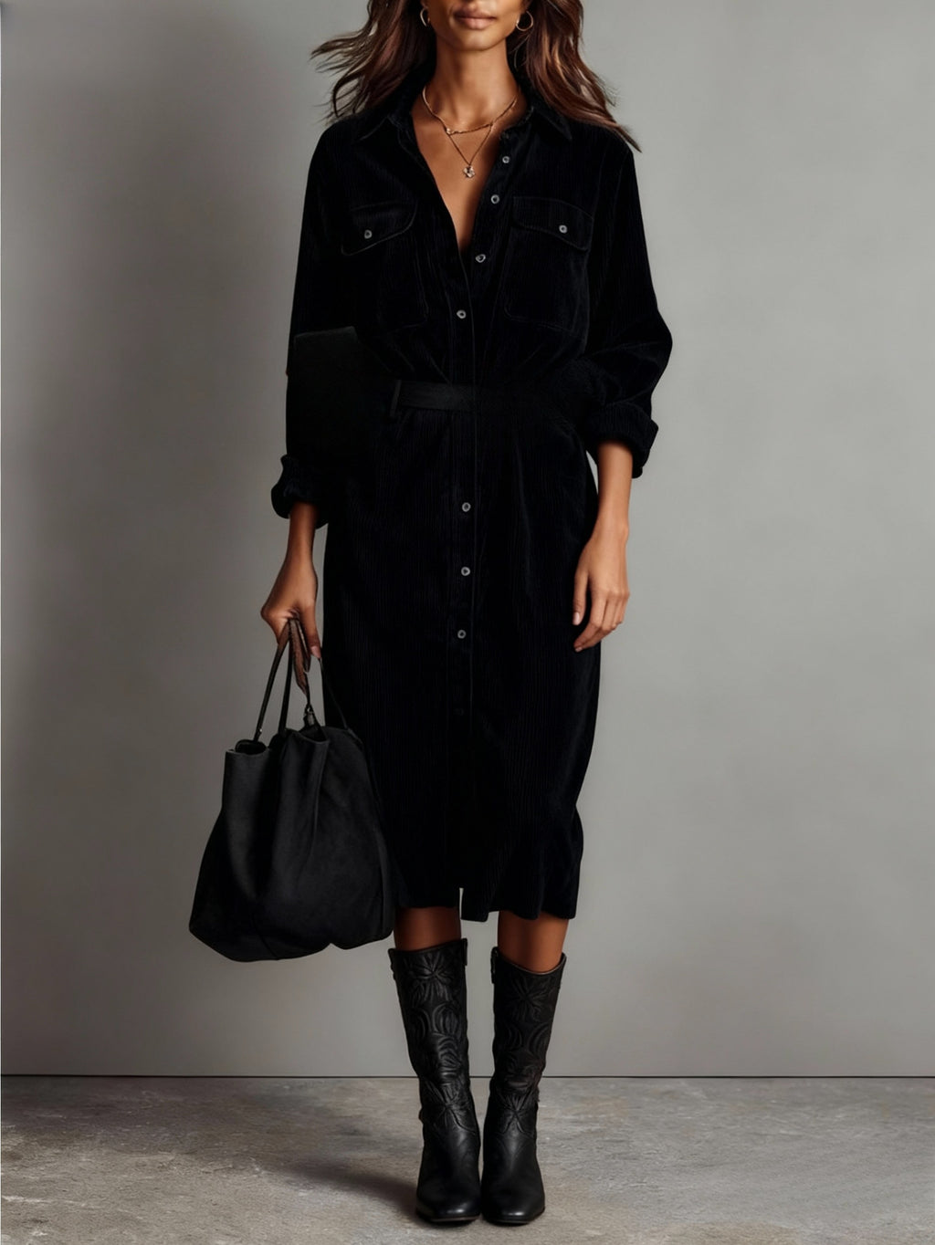 Vestido Camisa Elegante Feminino com Gola e Botões - Manga Longa Solta e de Cor Sólida com Lapela para Escritório, Deslocamento e Looks de Outono/Inverno (Lavável na Máquina, Ideal para Eventos Formais ou Casuais)