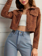 Casaco Elegante de Bombazine Castanho para Mulher com Gola de Virar e Frente com Botões - Casaco Leve de Primavera/Outono, Corte Estruturado para Looks Casuais e Formais - Camada Versátil, Roupa Exterior de Primavera, Design Clássico, Costura de Qualidade, Roupa Exterior Elegante