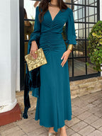 Vestido elegante de manga comprida com decote em V e ruchado para mulheres - Verde oliva, ajuste fluido com detalhe de botão, perfeito para saídas casuais, coquetéis e férias, roupa de saída casual | Vestido com decote em V | Detalhe ruchado, vestidos fofos