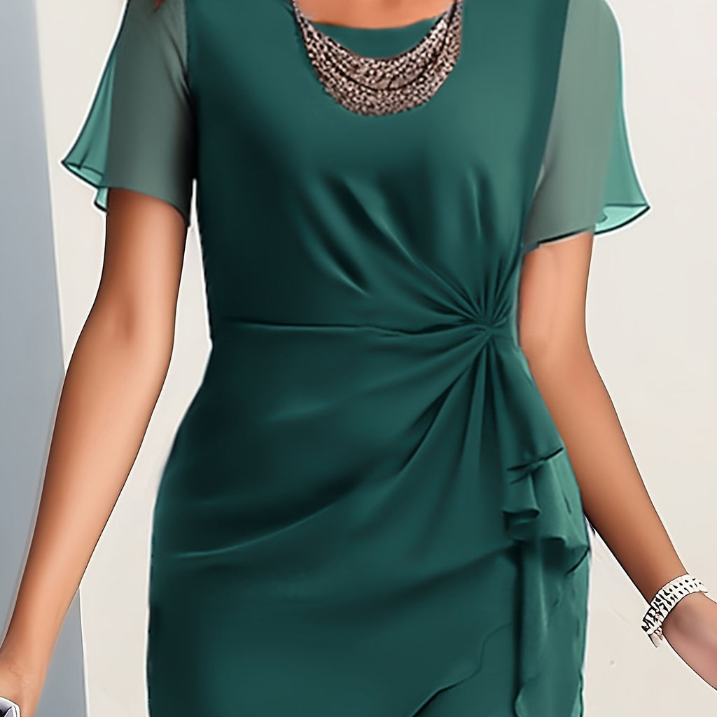 Beige Midi Dress with Ruffled Hem and Short Sleeves