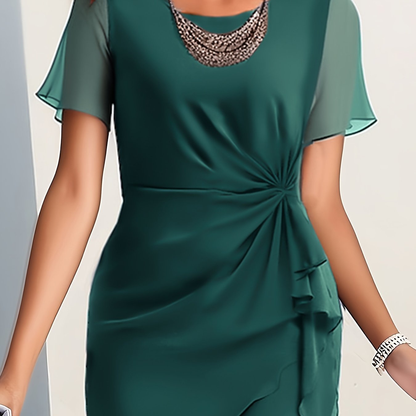 Beige Midi Dress with Ruffled Hem and Short Sleeves