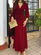 Vestido elegante de manga comprida com decote em V e ruchado para mulheres - Verde oliva, ajuste fluido com detalhe de botão, perfeito para saídas casuais, coquetéis e férias, roupa de saída casual | Vestido com decote em V | Detalhe ruchado, vestidos fofos