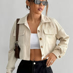 Elegant Beige Bomber Jacket with Button Details for Women