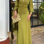 Chic V-Neck Ruched Long Sleeve Dress - Olive Green