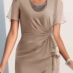 Beige Midi Dress with Ruffled Hem and Short Sleeves