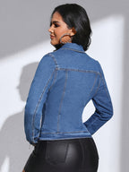 Casaco de ganga slim-fit para mulheres - Estilo X com botões azuis médios, casual e para o escritório, com mangas compridas, design elegante de cor sólida para o outono/inverno, perfeito para o trabalho, presentes de Halloween e Natal, peça versátil para camadas, moda sazonal, silhueta elegante, costura de qualidade, roupa exterior elegante, amantes da moda, roupa de trabalho essencial, roupa exterior moderna, tecido durável, mulheres à frente da moda, estética inspirada na Escandinávia, looks