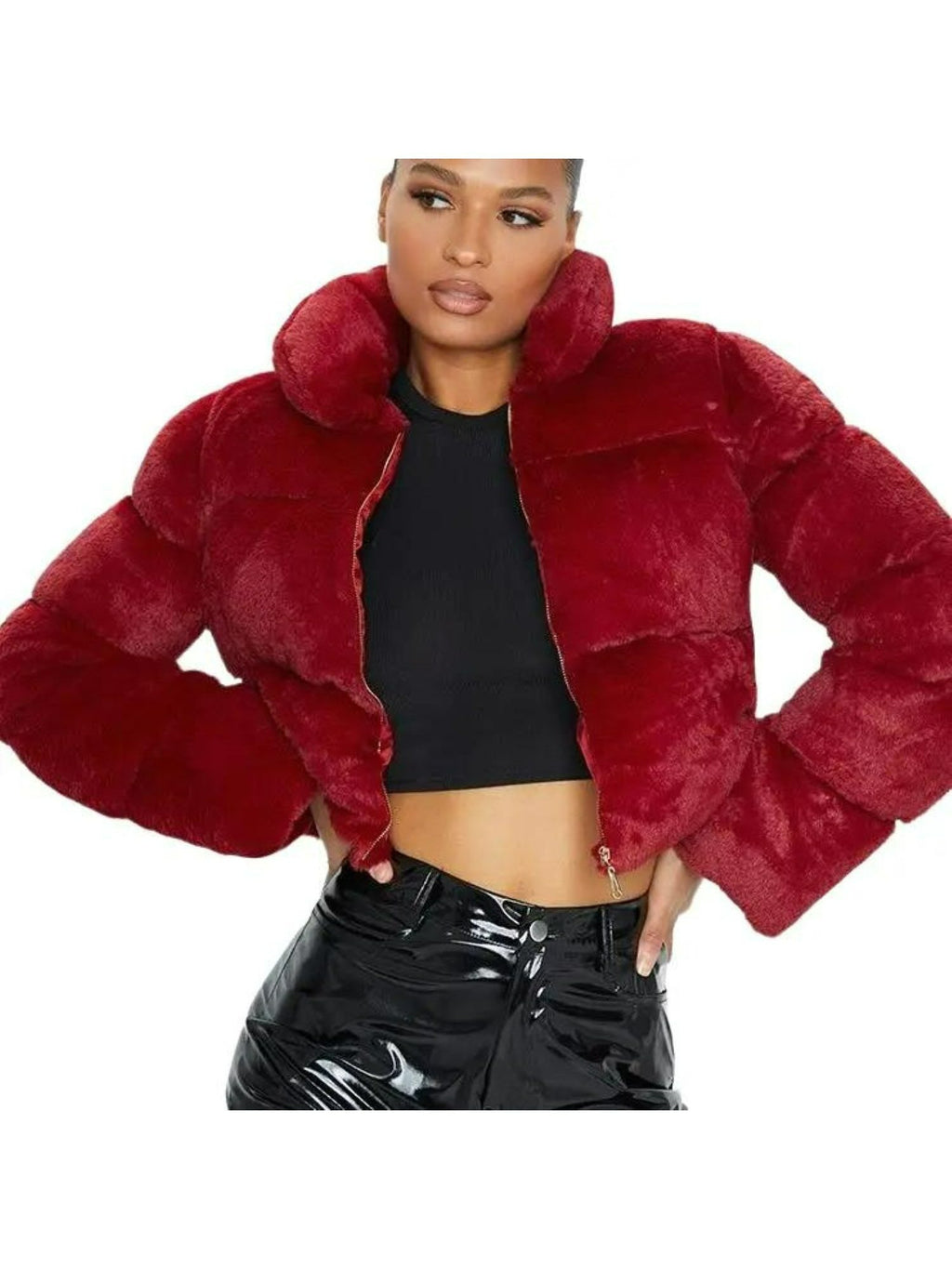 Jaqueta Puffer de Pele Sintética Bordô em Poliéster, Casacos Femininos, Estilo Cropped, Tops Confortáveis