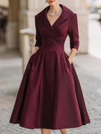 Vestido de Escritório Elegante com Cinto para Mulher - Corte Justo, Manga Comprida, Comprimento Midi, Roupa de Trabalho Formal com Laço de Cintura Ajustável, Gola Estructurada e Silhueta em A, Roupa Profissional Sólida para Reuniões de Negócios, Conferências e Eventos Semi-Formais